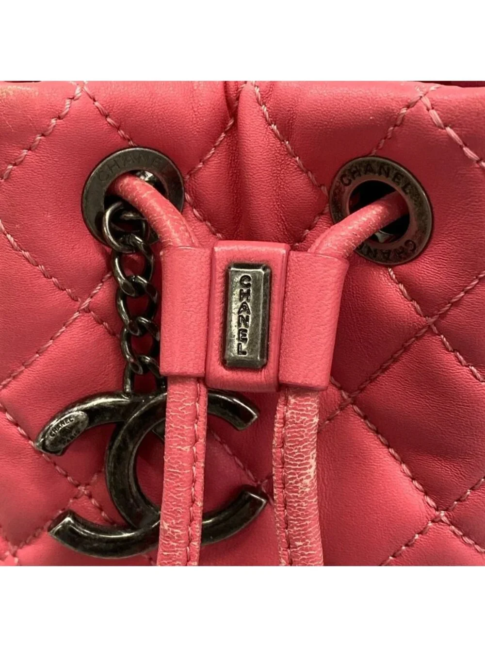 Chanel Handbag Quilted Pink Vintage Silver Drawstring Lambskin